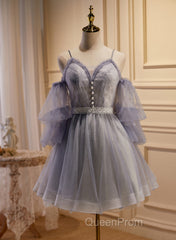 Cute Off Shoulder Tulle And Lace Straps Homecoming Dresses, Short Evening Prom Dresses