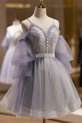 Cute Off Shoulder Tulle And Lace Straps Homecoming Dresses, Short Evening Prom Dresses