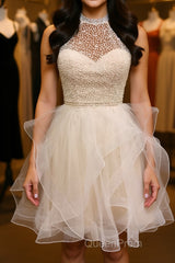 Cute Open Back Champagne Beaded Short Evening Prom Dresses, Fluffy Champagne Beaded Homecoming Dresses