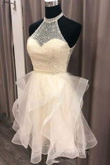 Cute Open Back Champagne Beaded Short Evening Prom Dresses, Fluffy Champagne Beaded Homecoming Dresses