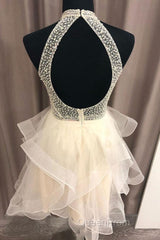 Cute Open Back Champagne Beaded Short Evening Prom Dresses, Fluffy Champagne Beaded Homecoming Dresses
