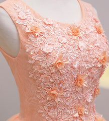 Cute Pink Flowers And Lace Applique Round Neckline Party Dresses, Pink Homecoming Dresses
