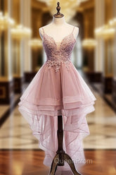 Cute Pink High Low Tulle with Lace Evening Prom Dresses High Low Homecoming Dresses Evening Prom Dresses shops
