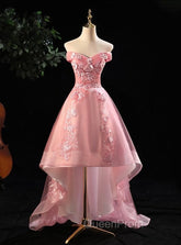 Cute Pink Off Shoulder High Low Tulle with Lace Party Dresses, Pink Homecoming Dresses