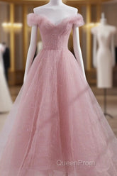Cute Pink Princess Tulle Sequin Evening Prom Dresses Off The Shoulder Evening Dresses