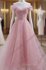 Cute Pink Princess Tulle Sequin Evening Prom Dresses Off The Shoulder Evening Dresses