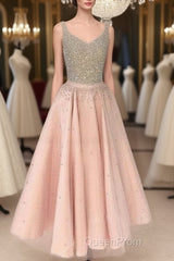 Cute Pink Sequin Tea-Long Evening Prom Dresses, Pink Sequin Formal Dresses For Teens