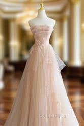 Cute Pink Strapless Tulle Long Evening Dresses with Flowers, Pink Tulle Evening Prom Dresses