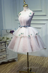 Cute Pink Tulle Short Flowers Lace Layers Formal Dresses, Pink Short Homecoming Dresses
