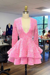 Cute Pink V Neck Long Sleeves Homecoming Dresses