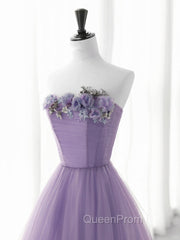 Cute Purple Tulle A-Line Long Evening Prom Dresses With Flowers, Purple Tulle Party Dresses