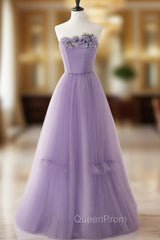 Cute Purple Tulle A-Line Long Evening Prom Dresses With Flowers, Purple Tulle Party Dresses