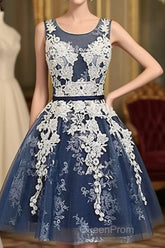 Cute Round Neck Lace Tulle Dark Blue Short Evening Prom Dresses, Bridesmaid Dresses