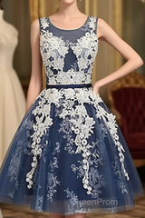 Cute Round Neck Lace Tulle Dark Blue Short Evening Prom Dresses, Bridesmaid Dresses