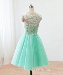 Cute Round Neck Lace Tulle Short Green Evening Prom Dresses, Bridesmaid Dresses