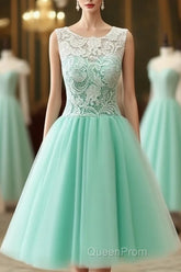 Cute Round Neck Lace Tulle Short Green Evening Prom Dresses, Bridesmaid Dresses