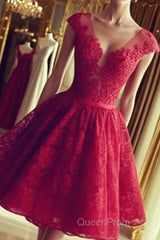 Cute Round Neck Red Lace Short Evening Prom Dresses, Red Homecoming Dresses