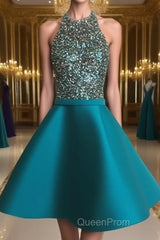 Cute Round Neck Sequin Backless Green Short Evening Prom Dresses, Green Homecoming Dresses