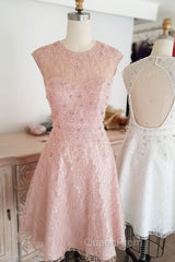 Cute round neck tulle lace short Evening Prom Dresses lace bridesmaid Dresses