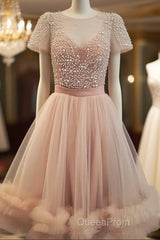 Cute Round Neck Tulle Short Evening Prom Dresses, Cute Homecoming Dresses