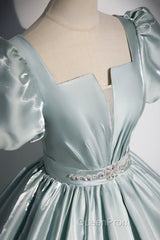 Cute Satin Floor Length Evening Prom Dresses, A-Line Short Sleeve Evening Party Dresses