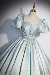 Cute Satin Floor Length Evening Prom Dresses, A-Line Short Sleeve Evening Party Dresses