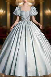 Cute Satin Floor Length Evening Prom Dresses, A-Line Short Sleeve Evening Party Dresses