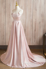 Cute Satin Long A-Line Pink Evening Prom Dresses, Spaghetti Straps Evening Dresses