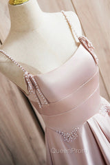 Cute Satin Long A-Line Pink Evening Prom Dresses, Spaghetti Straps Evening Dresses