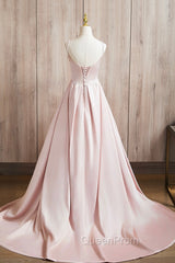 Cute Satin Long A-Line Pink Evening Prom Dresses, Spaghetti Straps Evening Dresses