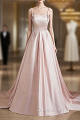 Cute Satin Long A-Line Pink Evening Prom Dresses, Spaghetti Straps Evening Dresses