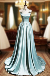 Cute Satin Long A-Line Evening Prom Dresses, Ice Blue Spaghetti Straps Evening Dresses