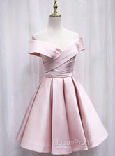 Cute Satin Pink Sweetheart Off Shoulder Knee Length Party Dresses, Short Evening Prom Dresses