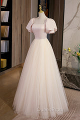 Cute Satin Tulle Long Evening Prom Dresses, A-Line Short Sleeve Evening Dresses