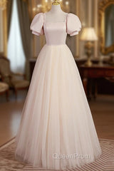 Cute Satin Tulle Long Evening Prom Dresses, A-Line Short Sleeve Evening Dresses