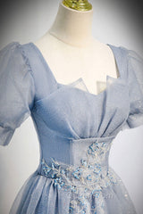 Cute Shiny Tulle Long Evening Prom Dresses, A-Line Short Sleeve Evening Party Dresses