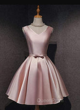 Cute Short Satin Pink V-neckline Knee Length Party Dresses, Pink Evening Prom Dresses Homecoming Dresses