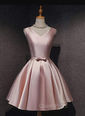 Cute Short Satin Pink V-neckline Knee Length Party Dresses, Pink Evening Prom Dresses Homecoming Dresses