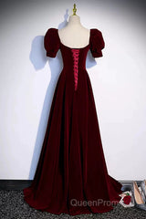 Cute Short Sleeves Burgundy Long Evening Prom Dresses