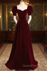 Cute Short Sleeves Burgundy Long Evening Prom Dresses