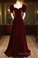 Cute Short Sleeves Burgundy Long Evening Prom Dresses