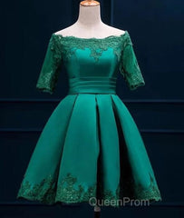 Cute Short Sleeves Satin Knee Length Party Dresses, Short Homecoming Dresses