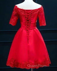 Cute Short Sleeves Satin Knee Length Party Dresses, Short Homecoming Dresses