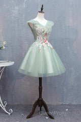 Cute Short Tulle V-Neckline With Flower Lace Party Dresses Homecoming Dresses, Short Formal Dresses
