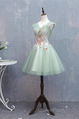 Cute Short Tulle V-Neckline With Flower Lace Party Dresses Homecoming Dresses, Short Formal Dresses