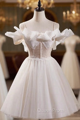 Cute Spaghetti Strap Tulle Lace Homecoming Dresses, Off Shoulder Short Evening Prom Dresses