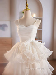 Cute Sweetheart Neck Organza White Evening Prom Dresses, White Homecoming Dresses