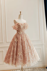 Cute Tulle Flower Short Evening Prom Dresses, Beautiful Off The Shoulder A-Line Evening Party Dresses