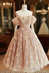 Cute Tulle Flower Short Evening Prom Dresses, Beautiful Off The Shoulder A-Line Evening Party Dresses