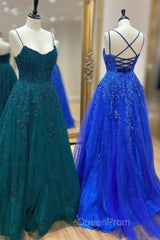 Cute Tulle Lace Long Evening Prom Dresses, A-Line Backless Evening Party Dresses